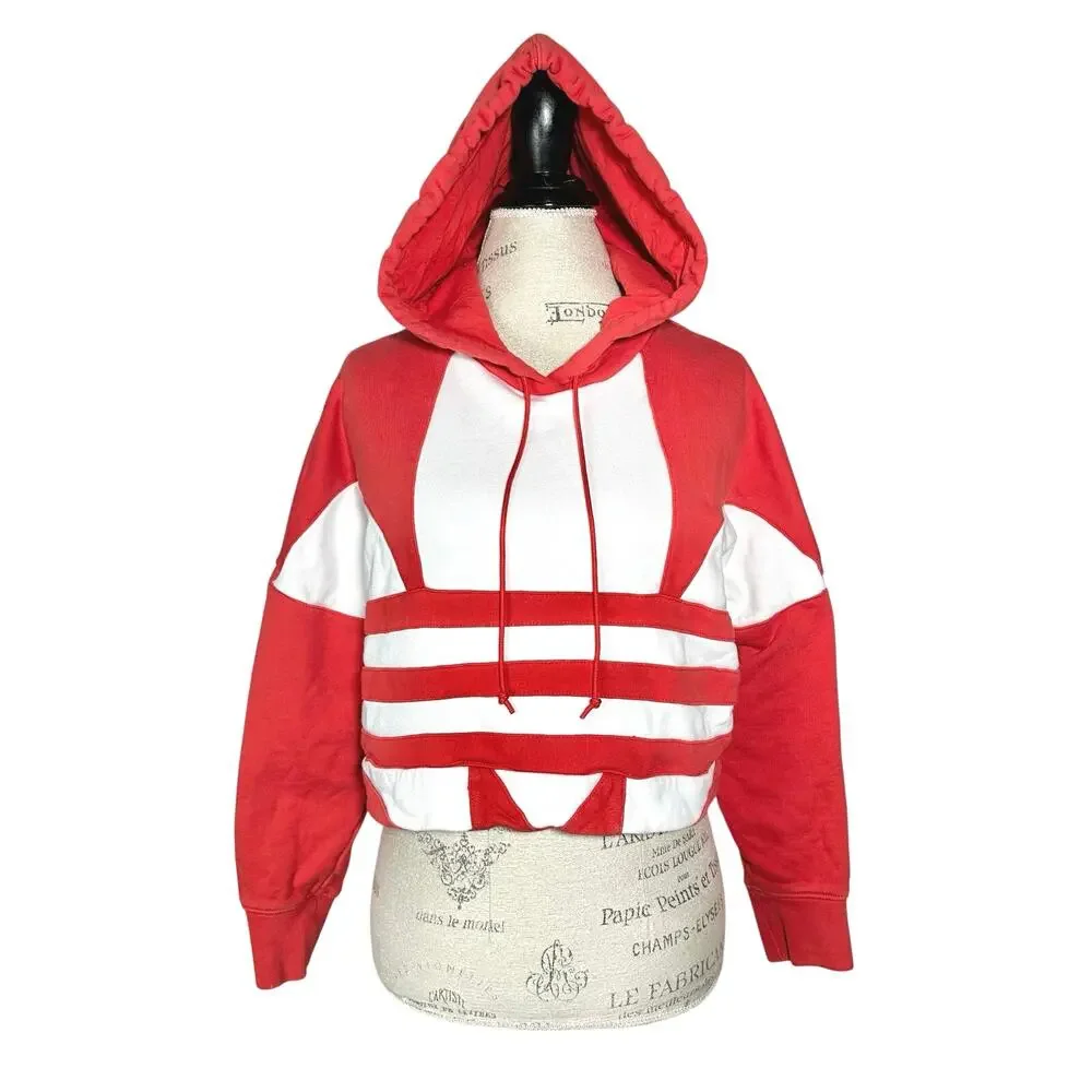 adidas | Women | Red White Big Trefoil Cropped Sporty Hooded Sweatshirt | Small - Picture 2 of 15
